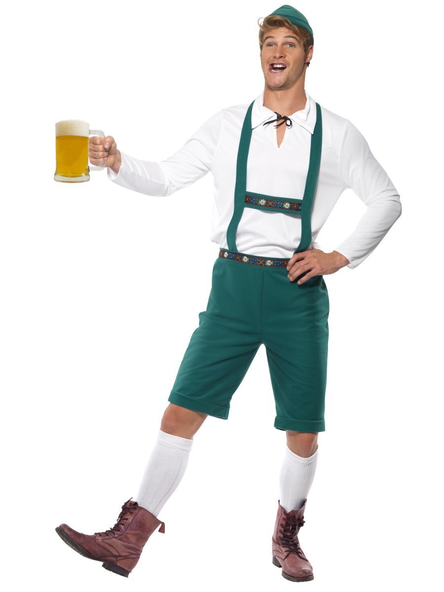 Check out our brilliant adult men's German Oktoberfest fancy dress costume which comes complete with a pair of green lederhosen shorts with braces, long sleeved white top and coordinating green hat. Ideal for any Beer festival.