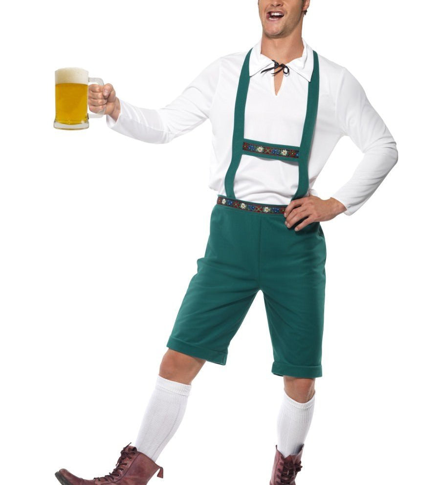 Check out our brilliant adult men's German Oktoberfest fancy dress costume which comes complete with a pair of green lederhosen shorts with braces, long sleeved white top and coordinating green hat. Ideal for any Beer festival.