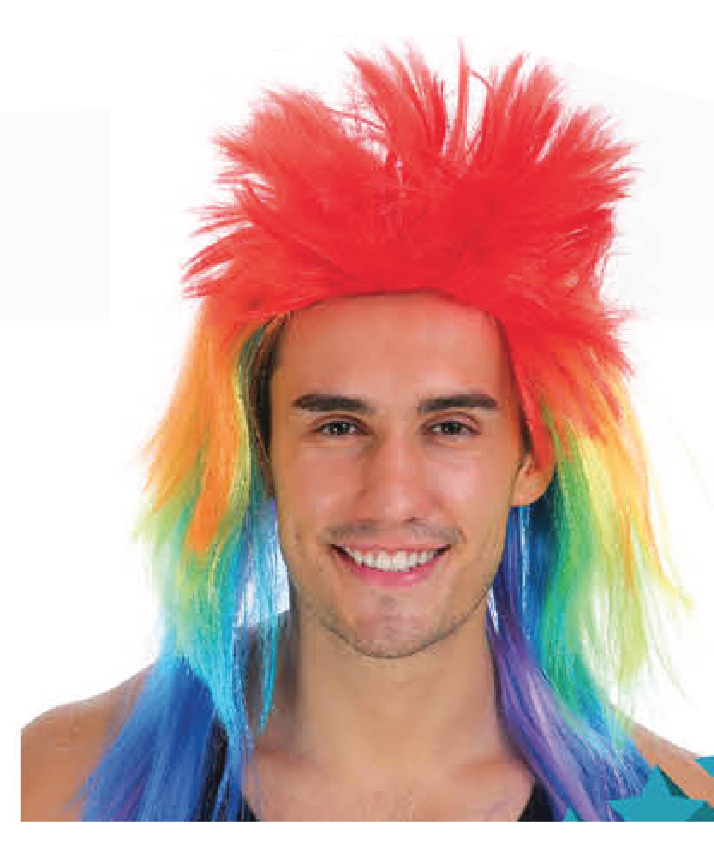 Long rainbow spiky mullet wig for 80s costume party or mardi gras