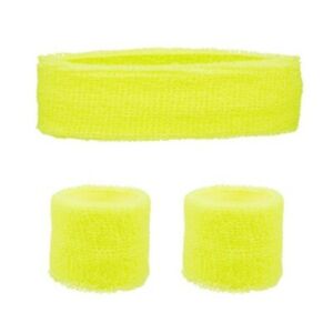 Neon Assorted Coloured Striped Sweatband Set.  Set consists of 2 toweling wristbands and 1 toweling headband.  One size fits most, suitable for adults and children.  Featuring outrageous rainbow stripes this sweatband set makes a fun costume accessory for your retro 80s